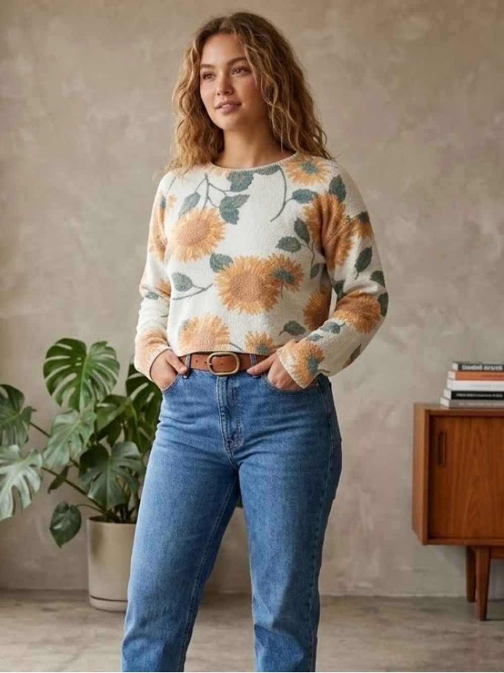 Vintage Y2K Big City Sunflower Textured Knit Crop Sweater Cream Orange Small